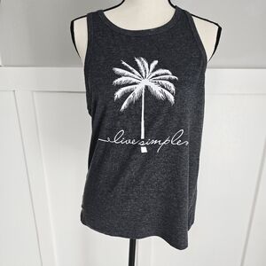 Live Simple Palm Tree Graphic Tank Top - Charcoal with White Print Sz S